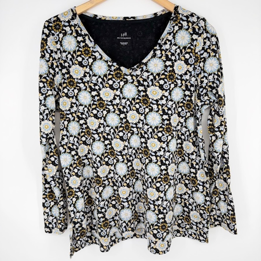 J.Jill Pima Long Sleeve Tee Shirt Womens L Black Floral Cottagecore Casual Work
